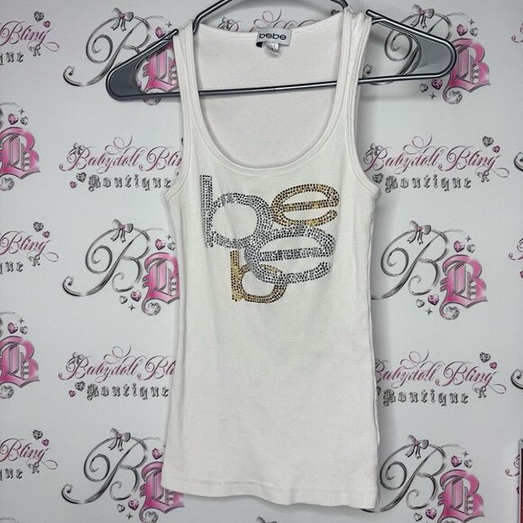 Bebe White Tank Top bling rhinestone diamonds Gold and Silver Logo OG - Picture 1 of 8
